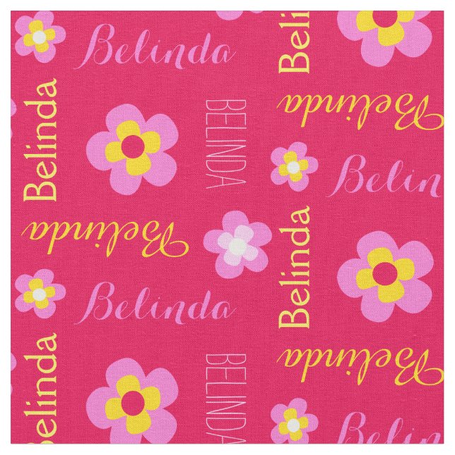 Flower personalized name pink typographic fabric (Close Up)