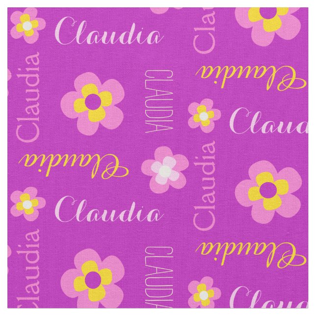Flower personalized name purple typographic fabric (Close Up)