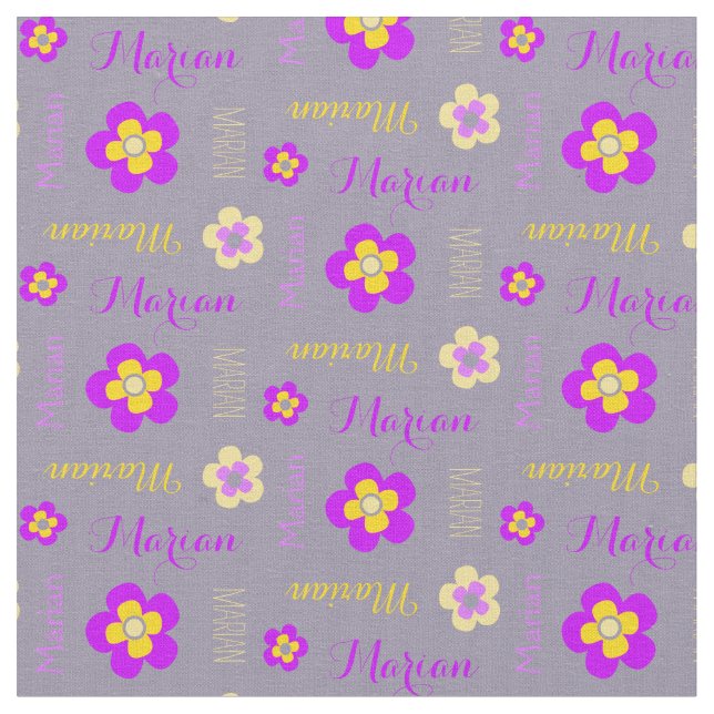 Flower personalized name text purple grey fabric (Close Up)