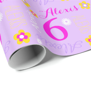 Flower personalized purple pink age 6th birthday wrapping paper