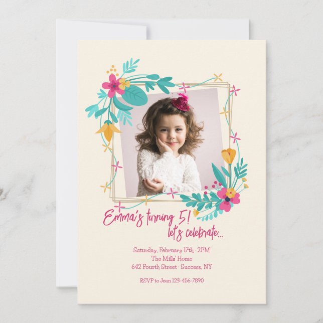 Flower Photo Frame for Girls Invitation (Front)