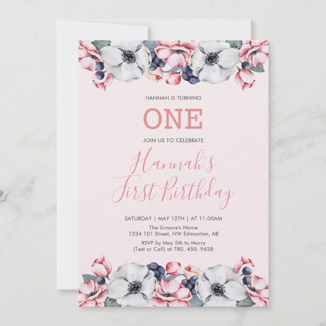 Flower & Pink | First Girl Birthday Party Invitation (Front)