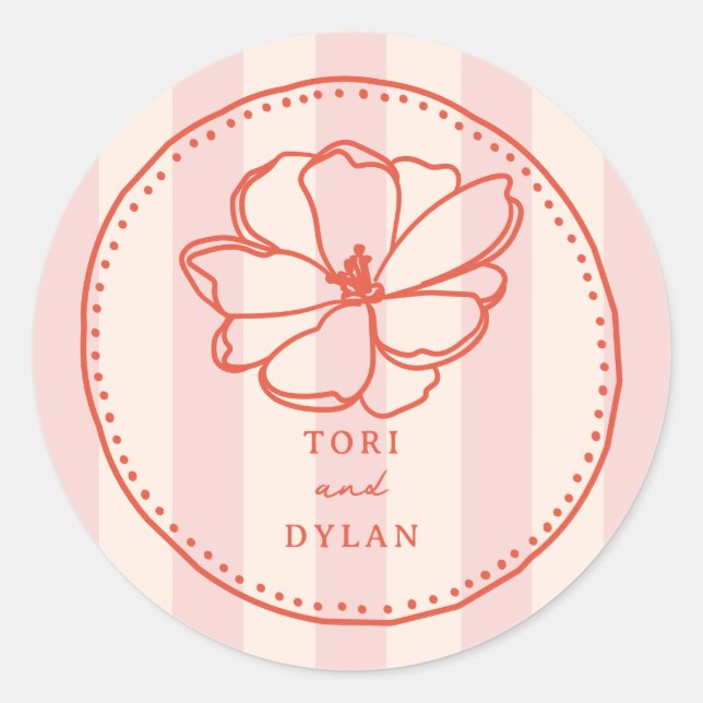 Flower Pink Tropical Stripe Wedding Classic Round Sticker (Front)