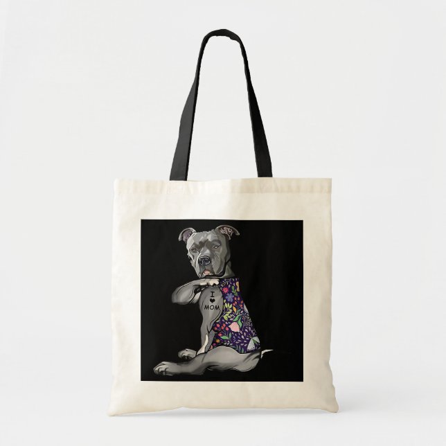 Flower PitBull I Love Mom Pitbull Tattoo Mother's Tote Bag (Front)