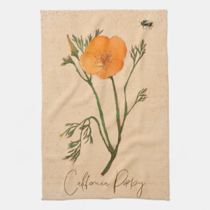 Flower Poppy Orange Vintage Botanical Wildflower Kitchen Towel