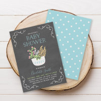 Flower Pot Chalkboard Blue Baby Shower Invitation