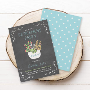 Flower Pot Chalkboard Blue Retirement Party Invitation