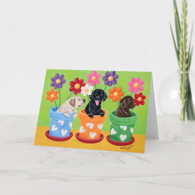 Flower Pot Labrador Puppies Card (Front)