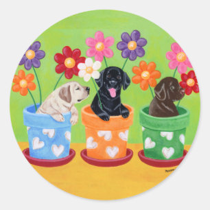 Flower Pot Labrador Puppies Classic Round Sticker
