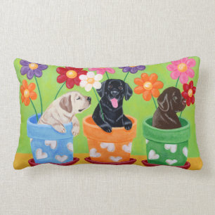 Flower Pot Labrador Puppies Lumbar Pillow