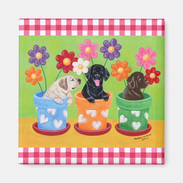 Flower Pot Labrador Puppies Magnet (Front)