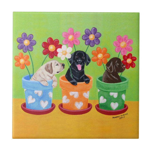 Flower Pot Labrador Puppies Tile (Front)