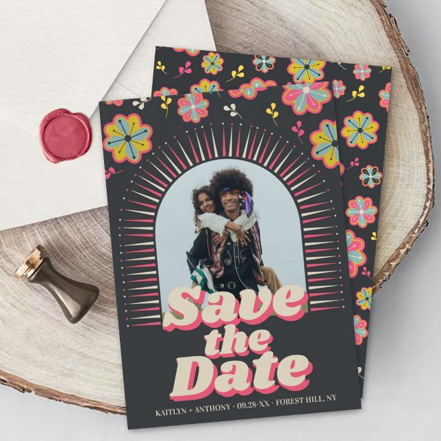 Flower Power 70's Retro Groovy Photo Wedding Save The Date (Creator Uploaded)