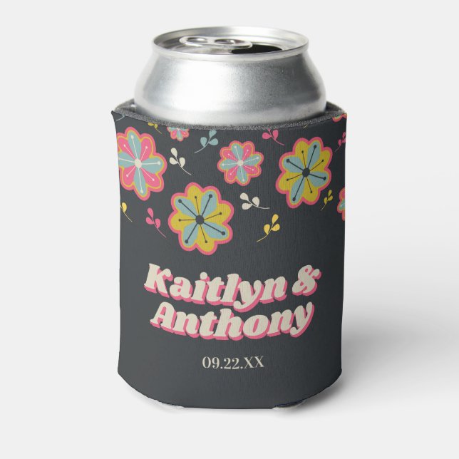 Flower Power 70's Retro Groovy Wedding Can Cooler (Can Back)