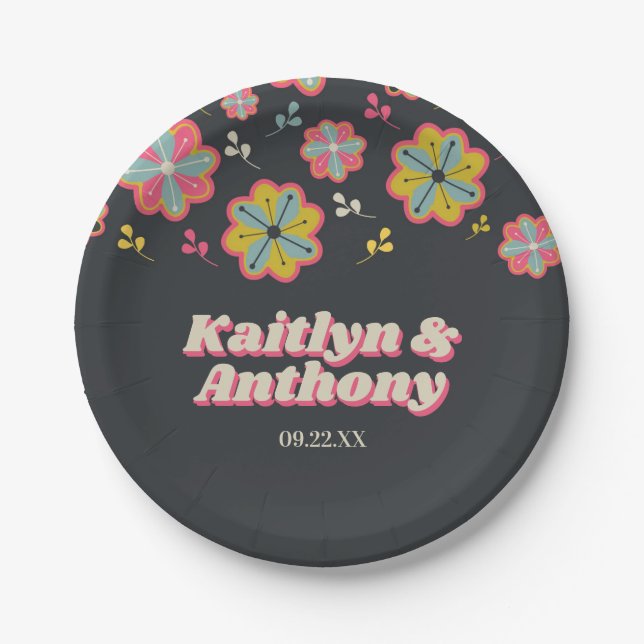 Flower Power 70's Retro Groovy Wedding Paper Plate (Front)