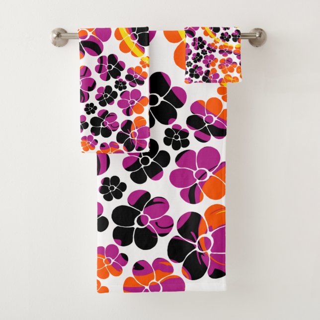 Flower Power - Black, Pink, Orange and Yellow Bath Towel Set (Insitu)
