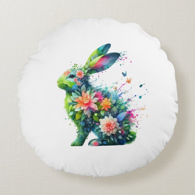 Flower Power Bunny Rabbit Round Pillow (Front)