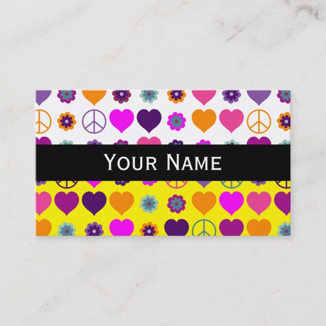 Flower Power Heart Peace Pattern + your backgr. Business Card (Front)