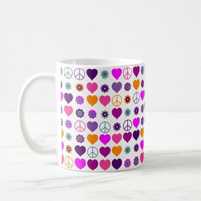Flower Power Heart Peace Pattern + your backgr. Coffee Mug (Left)