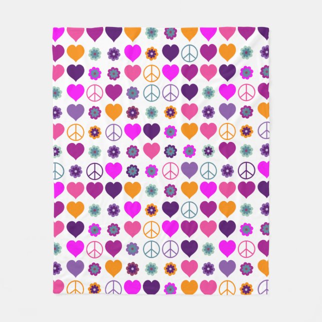 Flower Power Heart Peace Pattern + your backgr. Fleece Blanket (Front)