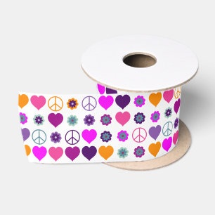 Flower Power Heart Peace Pattern + your backgr. Satin Ribbon