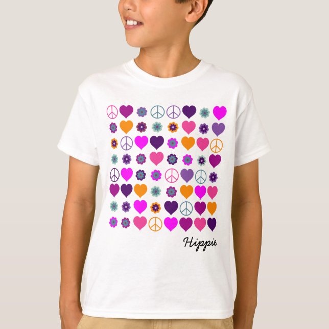 Flower Power Heart Peace Pattern + your backgr. T-Shirt (Front)