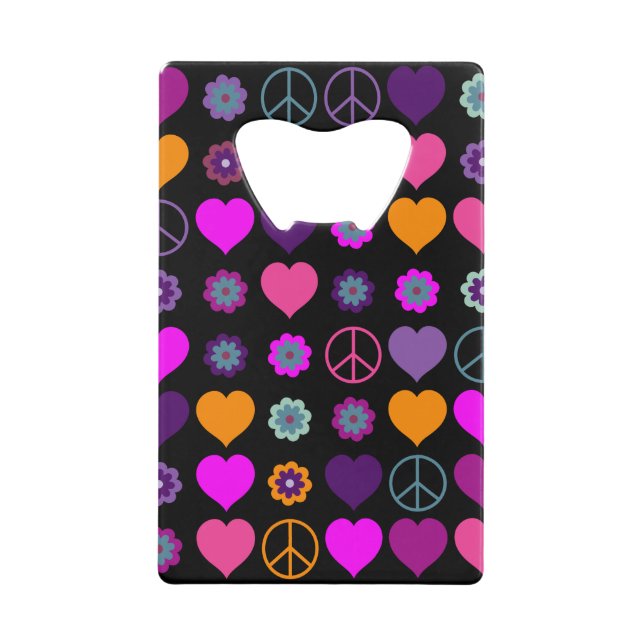 Flower Power Heart Peace Pattern + your backgr. Wallet Bottle Opener (Front)