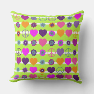 Flower Power Hearts Peace Blooms Pattern Throw Pillow