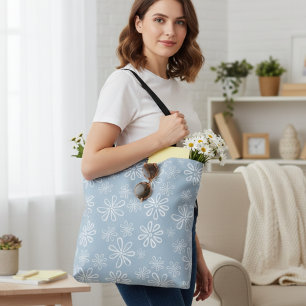 Flower Power Light Blue and White Floral Tote Bag