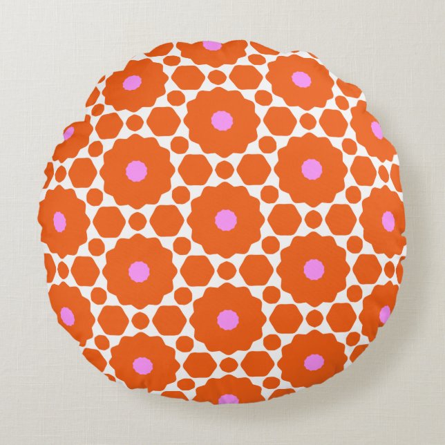 Flower Power Orange, Pink, & White Round Pillow (Front)