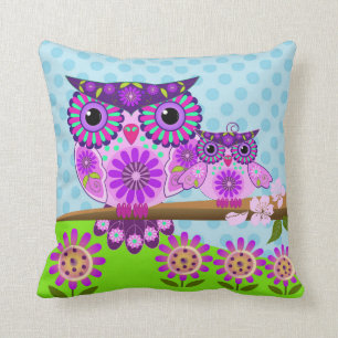 Flower power Owl and her owlet Throw Pillow