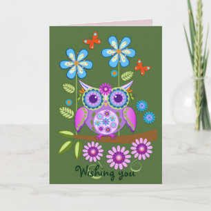 Flower Power Owl Happy Birthday card