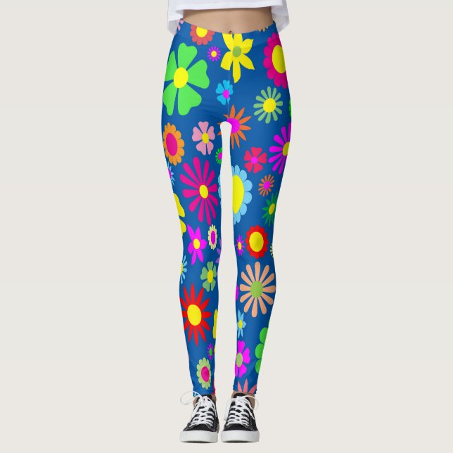 Flower power pattern on blue leggings (Front)