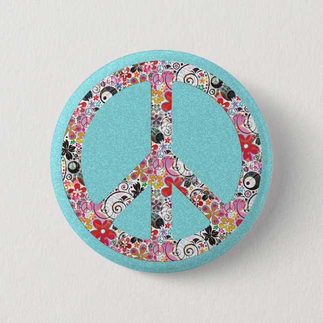 Flower Power Peace I | cyan splatter 2 Inch Round Button (Front)