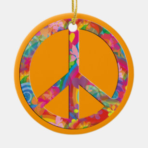 Flower Power Peace   orange Ceramic Ornament