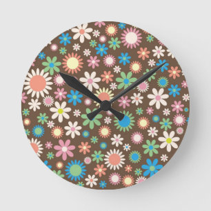 Flower Power Print - Brown Blue Green White Flower Round Clock