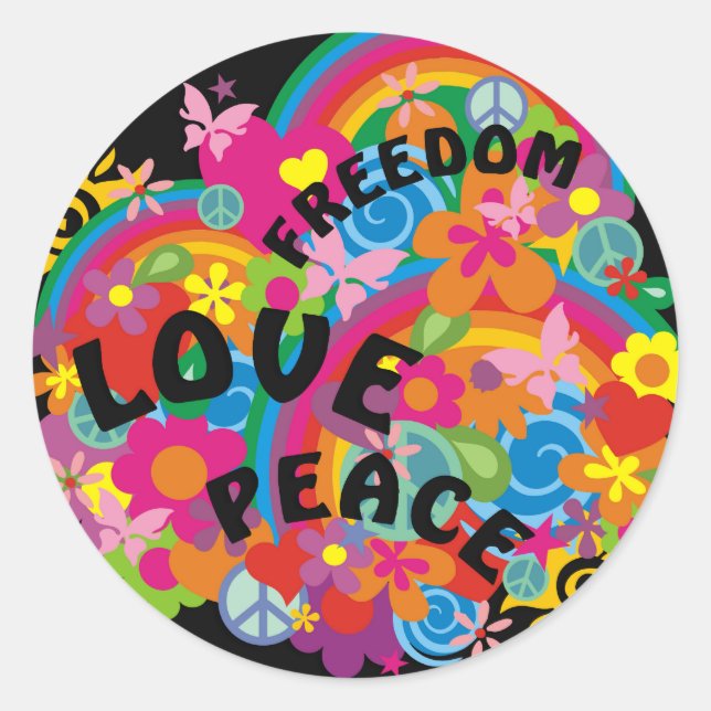 Flower Power Rainbow | black Classic Round Sticker (Front)