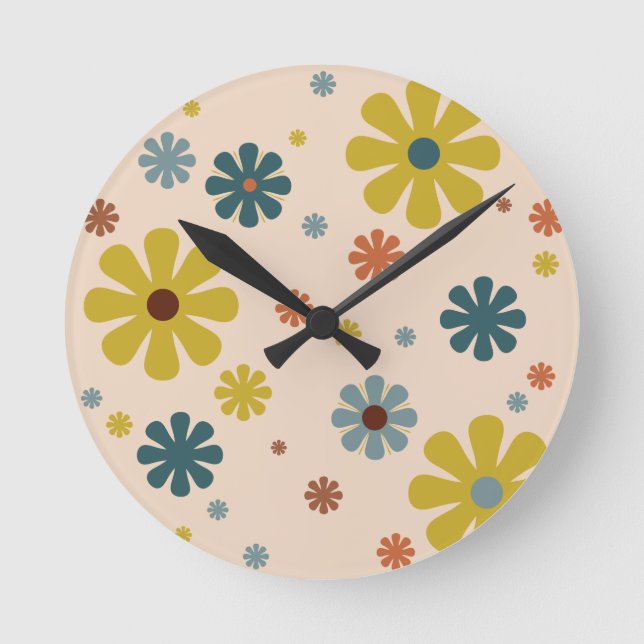 Flower Power Retro 60s Pattern Mustard Blue Orange Round Clock (Front)