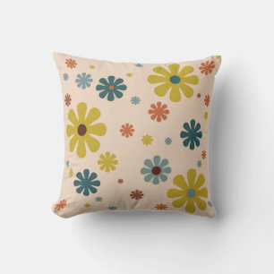 Flower Power Retro 60s Pattern Mustard Blue Orange Throw Pillow