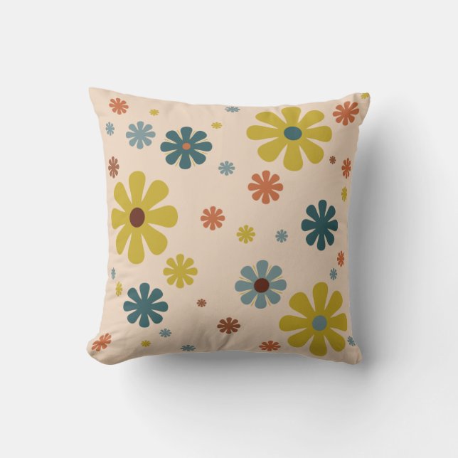 Flower Power Retro 60s Pattern Mustard Blue Orange Throw Pillow (Front)