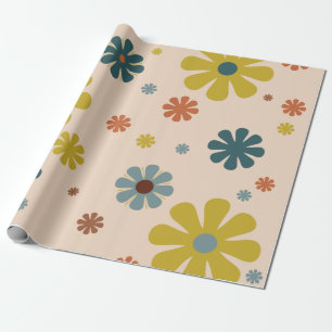 Flower Power Retro 60s Pattern Mustard Blue Orange Wrapping Paper