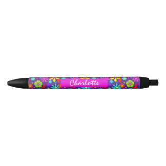 Flower Power Retro Floral Personalized Black Ink Pen