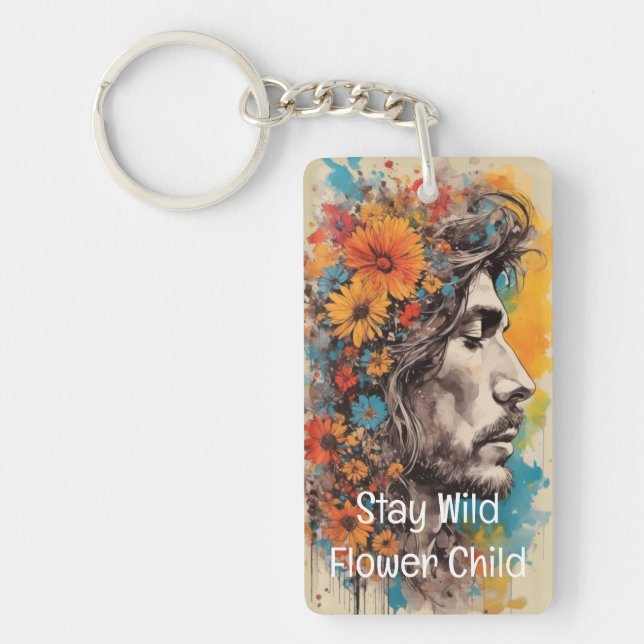 Flower Power Retro Male Portrait Acrylic Keychain (Front)