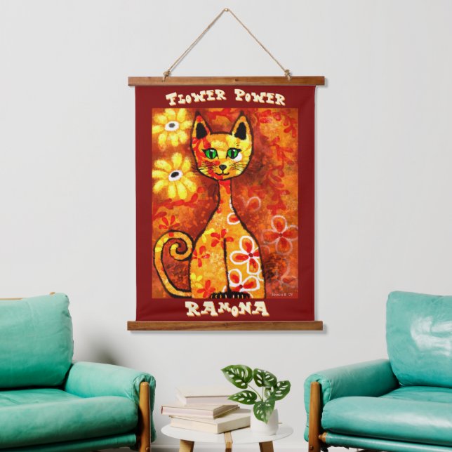 Flower Power Retro Whimsical Cat Personalized Hanging Tapestry (Living Room)