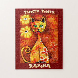 Flower Power Retro Whimsical Cat Personalized Jigsaw Puzzle