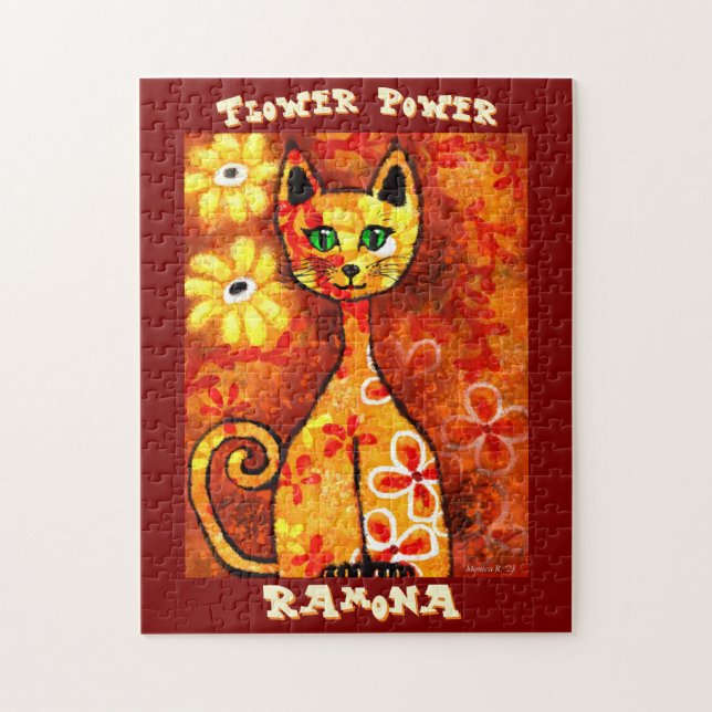Flower Power Retro Whimsical Cat Personalized Jigsaw Puzzle (Vertical)