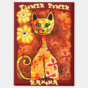 Flower Power Retro Whimsical Cat Personalized Magnet