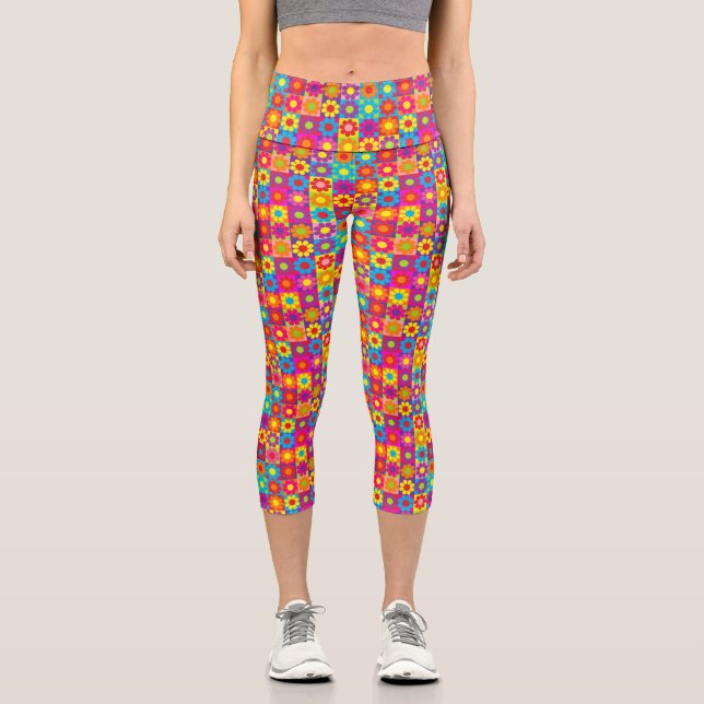 Flower Power Squares Capri Leggings (Front)
