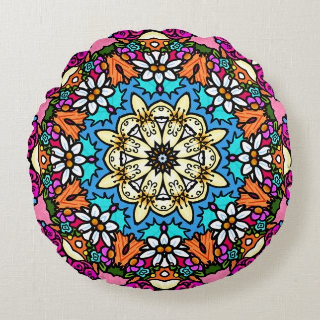 Flower Power V Garden Groovy Round Pillow (Front)