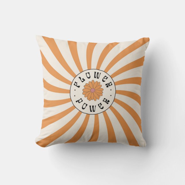 Flower Power with Psychedelic Orange Rays Throw Pillow (Front)